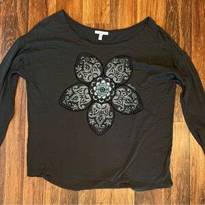 O'Neill Black Long Sleeve Top with Floral Embellishment
